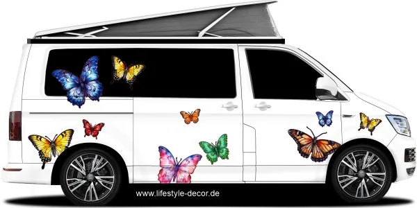 Autoaufkleber Bunte Schmetterlinge XXL Set auf weißem Van