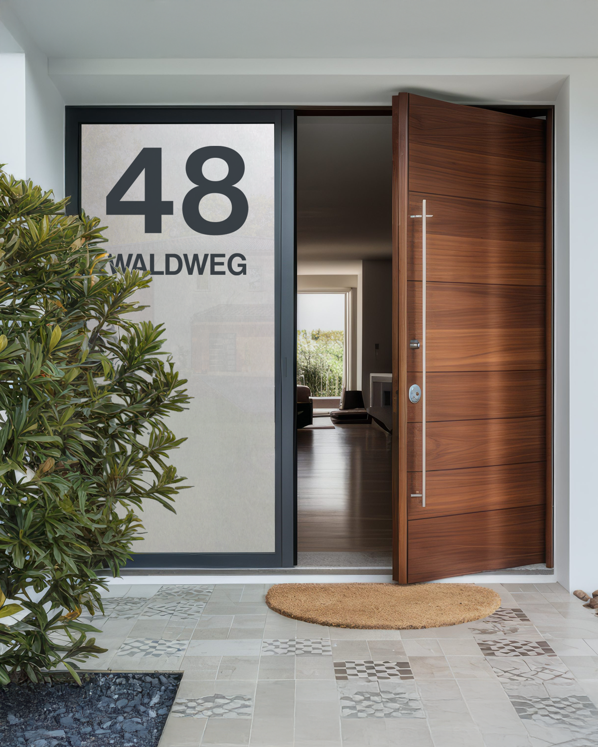 Sichtschutzfolie und Wunschtext für Haustür