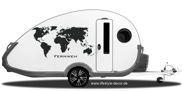 Aufkleber mitText Fernweh und Weltkarte für den Wohnwagen
