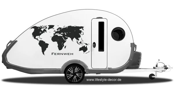 Aufkleber mitText Fernweh und Weltkarte für den Wohnwagen