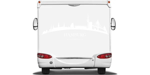 Autodekor Hamburger Skyline auf Heck von Wohnmobil oder Wohnwagen - Ansicht Farbauswahl