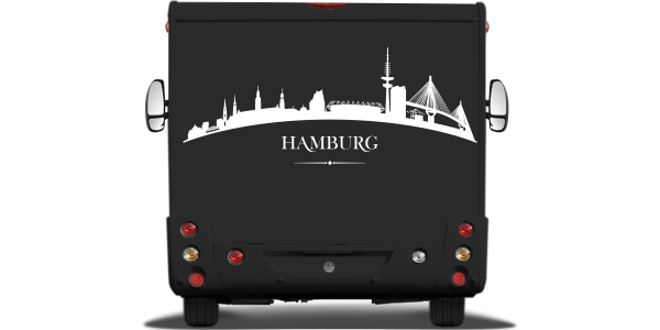 Autodekor Hamburger Skyline auf Heck von Wohnmobil oder Wohnwagen - Ansicht Farbauswahl