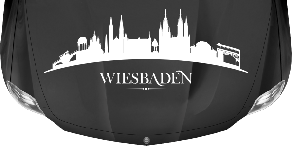 Preview: Autoaufkleber Skyline Wiesbaden Preview: Konturen Wiesbadens als Aufkleber fürs Auto auf dunkler Motorhaube - Ansicht Farbauswahl
