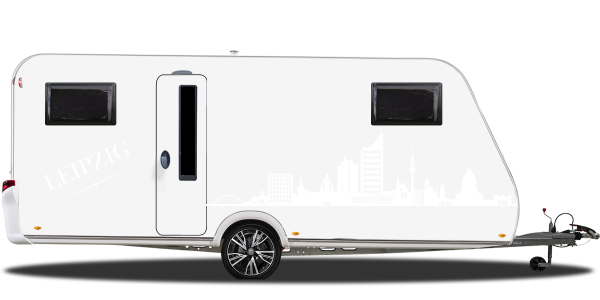 Konturgeschnittene Autofolie mit Leipziger Skyline auf hellem Wohnwagen - Ansicht Farbauswahl