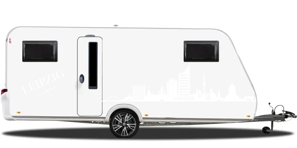 Konturgeschnittene Autofolie mit Leipziger Skyline auf hellem Wohnwagen - Ansicht Farbauswahl