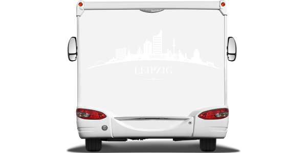 Konturgeschnittene Autofolie mit Leipziger Skyline auf Heck von Wohnmobil oder Wohnwagen - Ansicht Farbauswahl
