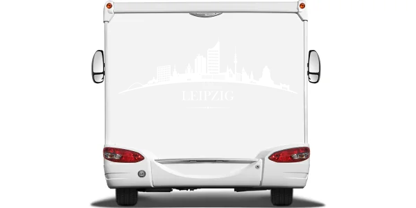 Konturgeschnittene Autofolie mit Leipziger Skyline auf Heck von Wohnmobil oder Wohnwagen - Ansicht Farbauswahl