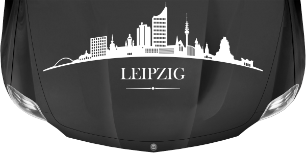 Konturgeschnittene Autofolie mit Leipziger Skyline auf dunkler Motorhaube - Ansicht Farbauswahl