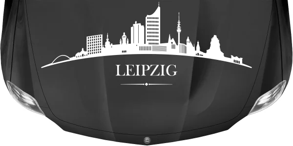 Konturgeschnittene Autofolie mit Leipziger Skyline auf dunkler Motorhaube - Ansicht Farbauswahl