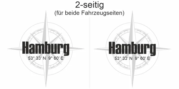Autoaufkleber Kompass mit Koordinaten und Wunschtext