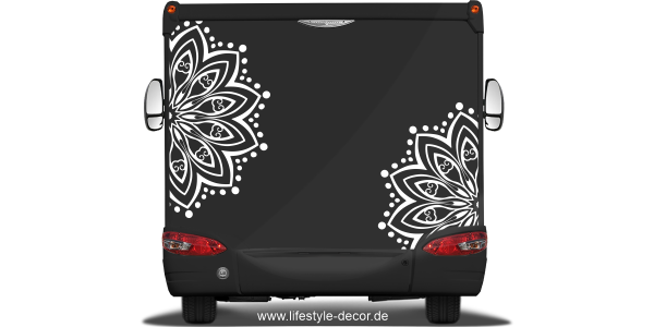 Autoaufkleber mit Mandala Motiv auf Heck von Wohnmobil oder Wohnwagen - Ansicht Farbauswahl