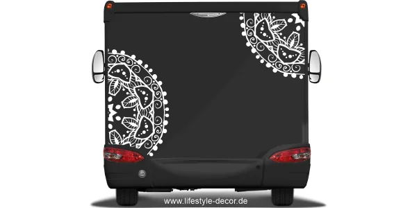 Autoaufkleber mit Spirituellem Mandala auf Heck von Wohnmobil oder Wohnwagen - Ansicht Farbauswahl