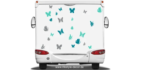 Bunter Autoaufkleber Schmetterlingstraum auf Heck von Wohnmobil oder Wohnwagen