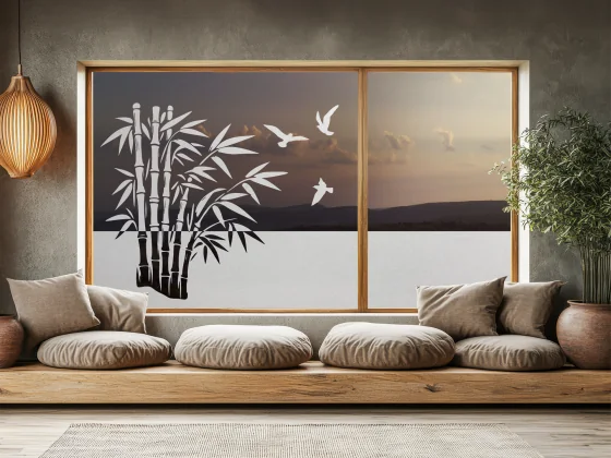 Fensterfolie Bambusstrauch und Vögel