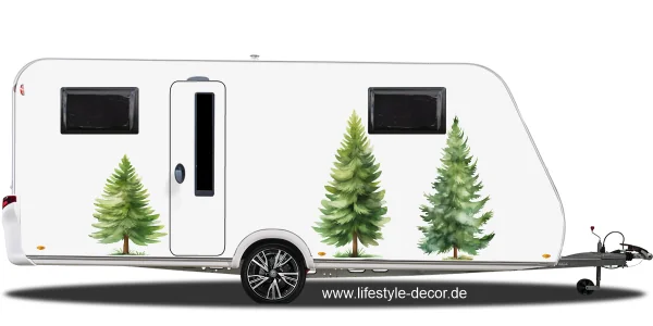 Aufkleber Nadelbäume Dekor Set auf weißem Wohnwagen