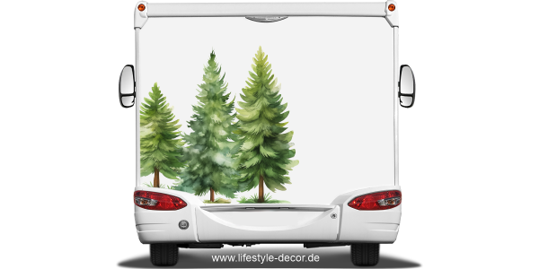 Preview: Aufkleber Nadelbäume Dekor Set auf Heck von Wohnwagen oder Wohnmobil