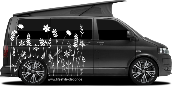 Preview: Aufkleber für das Wohnmobil mit einem Meer aus Blumen auf dunklem Camper - Ansicht Farbauswahl