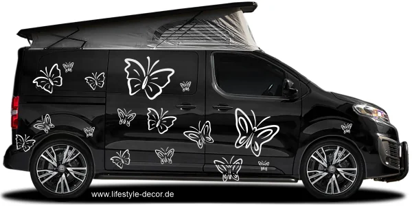 Autoaufkleber Butterfly Set auf dunklem Camper - Ansicht Farbauswahl