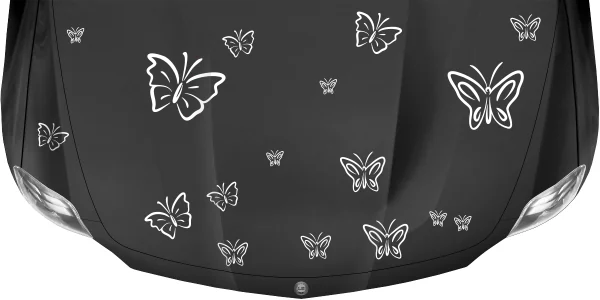 Autoaufkleber Butterfly Set auf dunkler Motorhaube - Ansicht Farbauswahl