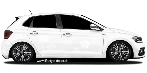 Preview: Autotattoo Blumenschmuck Preview: Autofolie Blumenschmuck als Dekorfolie auf hellem PKW - Ansicht Farbauswahl