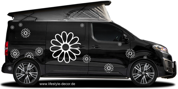 Autotattoo Blumenaufkleber auf dunklem Camper - Ansicht Farbauswahl