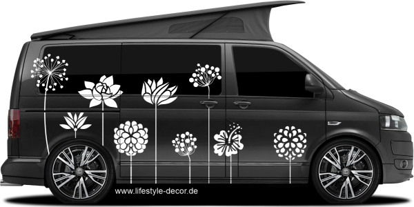 Preview: Autotattoo Blumenschmuck Preview: Autofolie Blumenschmuck als Dekorfolie auf dunklem Camper - Ansicht Farbauswahl
