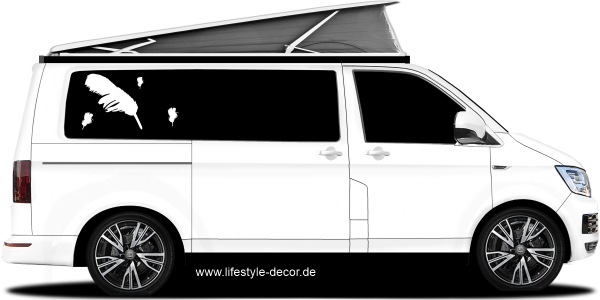 Preview: Autotattoo Feder Preview: Autoaufkleber schwebende Federn auf hellem Camper - Ansicht Farbauswahl