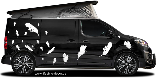 Preview: Autotattoo Feder Preview: Autoaufkleber schwebende Federn auf dunklem Camper - Ansicht Farbauswahl