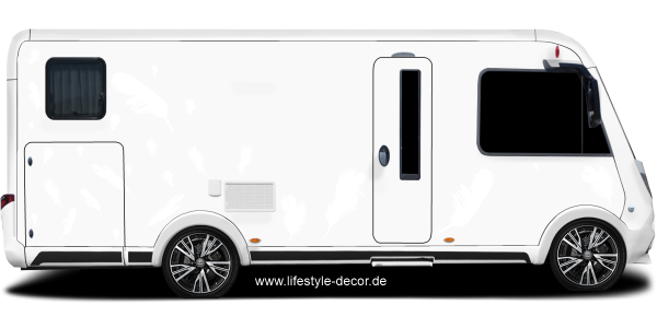 Preview: Autotattoo Feder Preview: Autoaufkleber schwebende Federn auf Heck von Wohnmobil oder Wohnwagen - Ansicht Farbauswahl