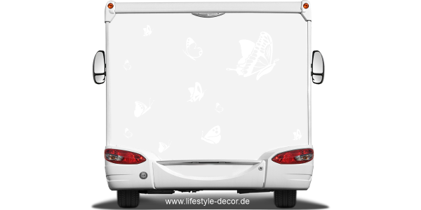 Preview: Autotattoo XXL Set Schmetterlingstraum Preview: Autotattoo XXL Set Schmetterlingstraum auf Heck von Wohnmobil oder Wohnwagen - Ansicht Farbauswahl
