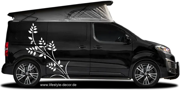 Aufkleber Auto kunstvoller Blätterzweig auf dunklem Camper - Ansicht Farbauswahl