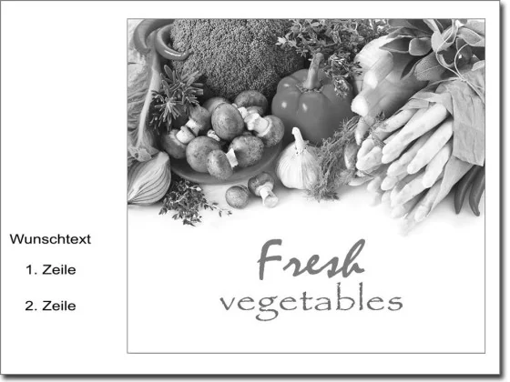Glasbild mit Gemüse und Wunschtext in schwarz weiß