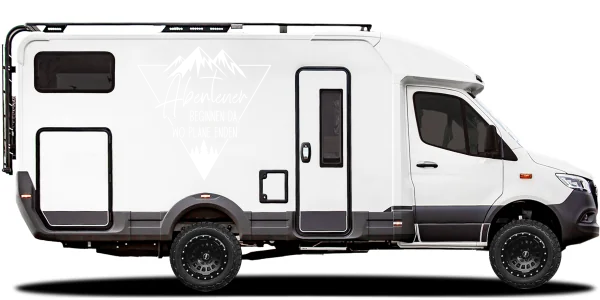 Aufkleber Reisemobil Spruch Abenteuer auf hellem Wohnmobil - Ansicht Farbauswahl