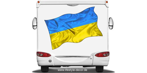 Aufkleber Fahne der Ukraine auf Heck von Reisemobil oder Wohnwagen