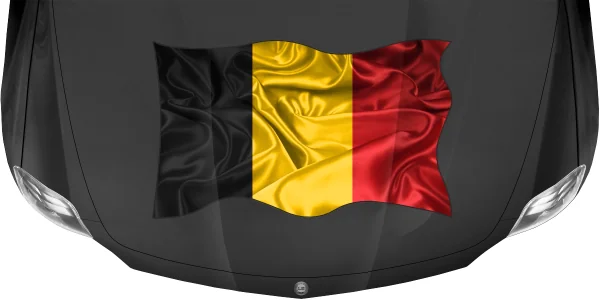 Aufkleber Fahne von Belgien auf Motorhaube von dunklem PKW, Reisemobil oder Camper