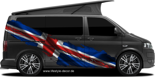 Preview: Aufkleber Flagge von Island auf Fahrzeugseite von dunklem Campervan