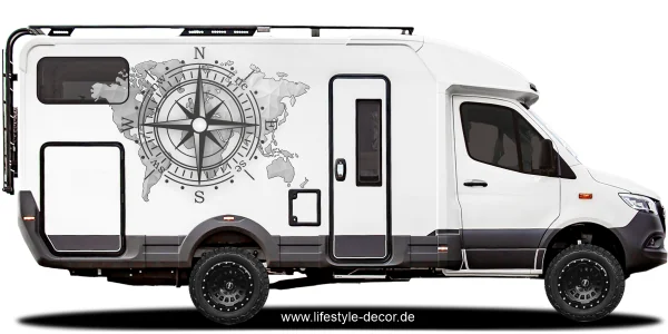 Aufkleber Kompass und Weltkarte auf Reisemobil - Ansicht Farbauswahl