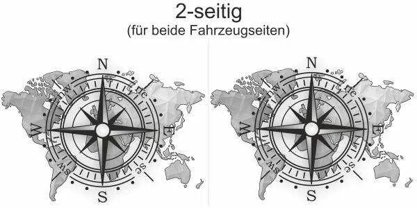 Aufkleber Kompass und Weltkarte - Ansicht zweiseitig für beide Fahrzeugseiten und Farbauswahl