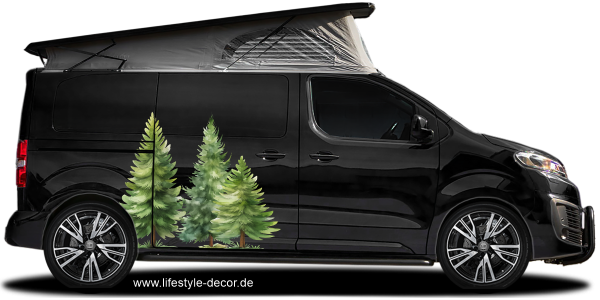 Preview: Aufkleber Nadelbäume Dekor Set auf dunklem Campervan