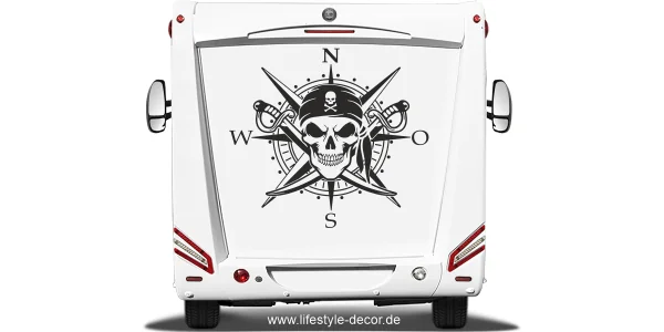 Aufkleber Windrose gekreuzte Säbel und Totenkopf