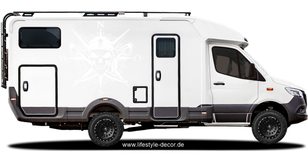 Preview: Aufkleber Windrose gekreuzte Säbel und Totenkopf auf Seite von Reisemobil - Ansicht Farbauswahl