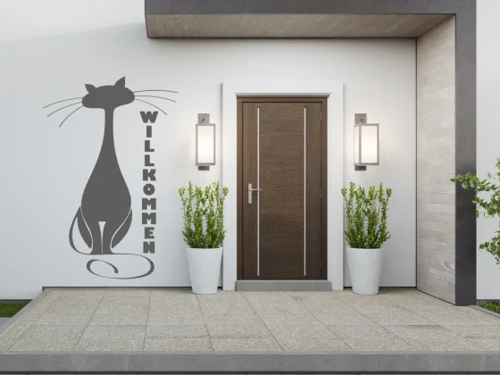 Aufkleber für die Fassade mit Willkommen und Katze