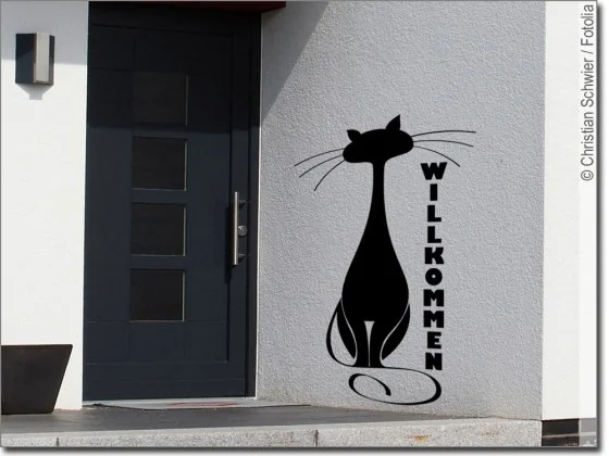 Aufkleber für die Fassade mit Willkommen und Katze