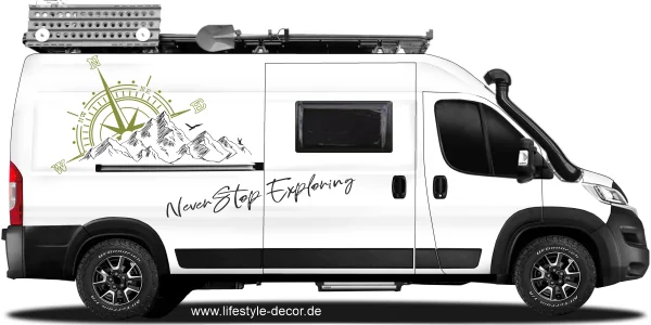 Autoaufkleber mit Kompass hinter Bergen für VW T5, Bully und alle anderen Camper