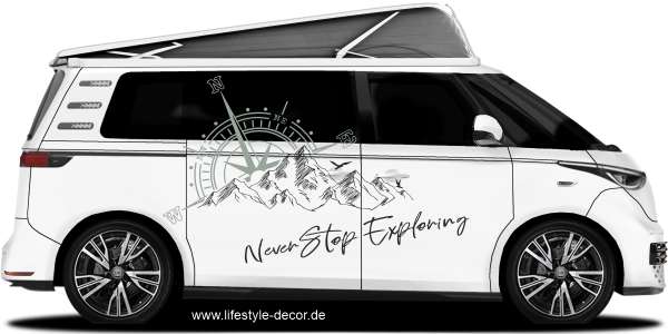 Preview: Autoaufkleber Berge mit Kompassrose | Never Stop Exploring Preview: Autoaufkleber Berge mit Kompassrose | Never Stop Exploring