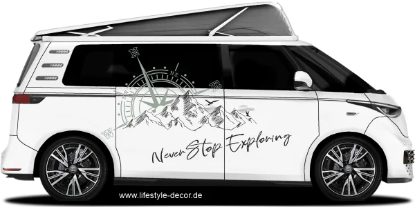Autoaufkleber Berge and Kompassrose - Never Stop Exploring