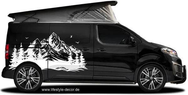 Autoaufkleber Berge & Wald Silhouette auf dunklem Campervan - Ansicht Farbauswahl