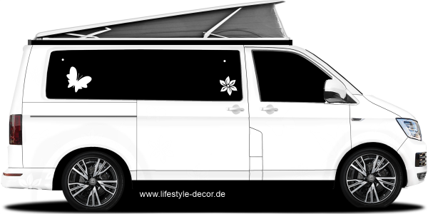 Preview: Autoaufkleber Blumen und Schmetterlinge Preview: Autoaufkleber Blumen und Schmetterlinge auf hellem Camper - Ansicht Farbauswahl