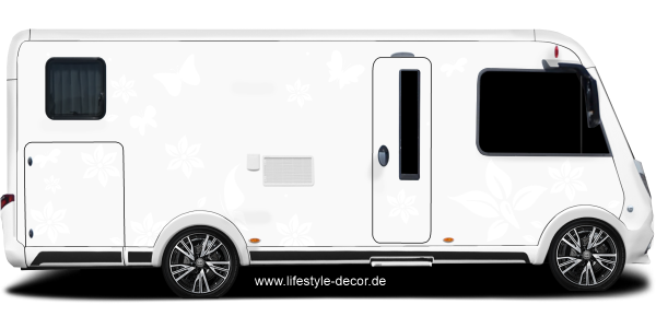 Preview: Autoaufkleber Blumen und Schmetterlinge Preview: Autoaufkleber Blumen und Schmetterlinge auf Heck von Wohnmobil oder Wohnwagen - Ansicht Farbauswahl
