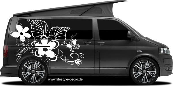 Preview: Autoaufkleber Blumenornament mit Schmetterling Preview: Autoaufkleber mit Blumen Ornament und Schmetterling auf dunklem Camper - Ansicht Farbauswahl